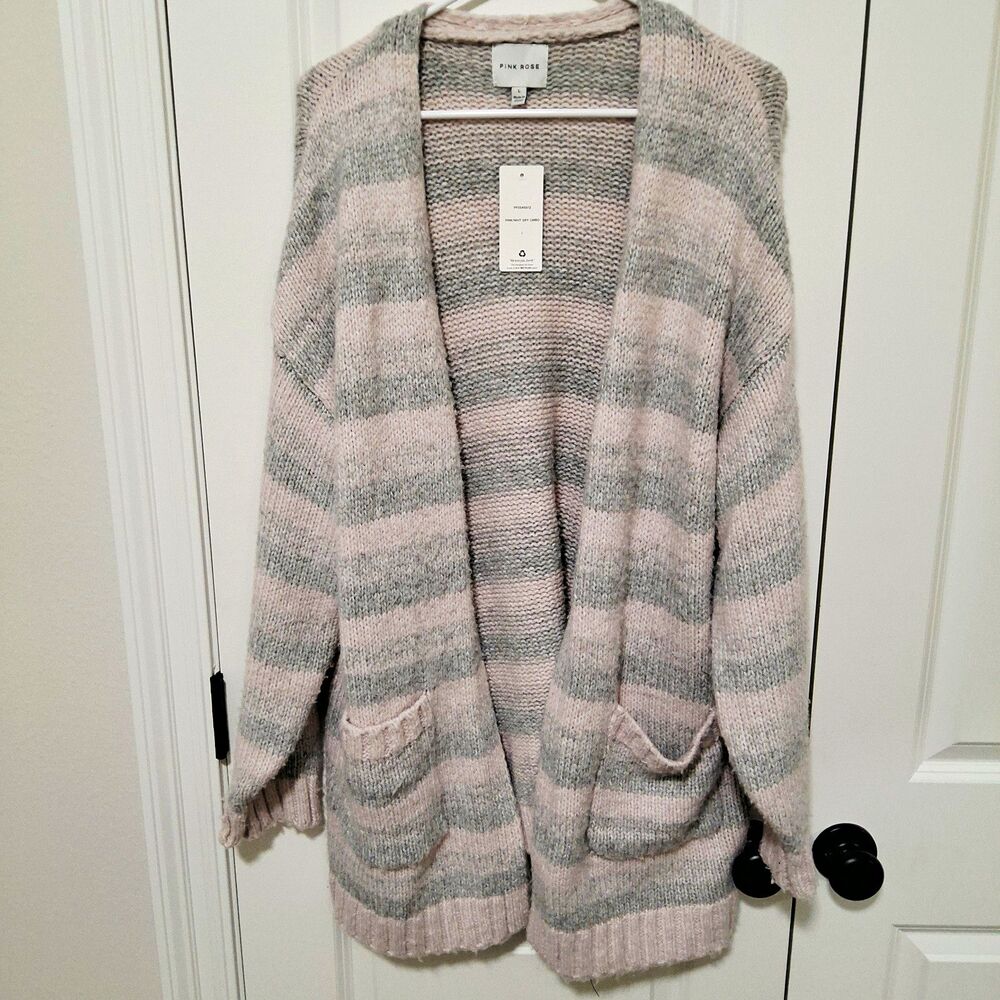 Pink Rose Women's Gray/Pink Striped Open Long Cardigan Sweater Size Large NWT